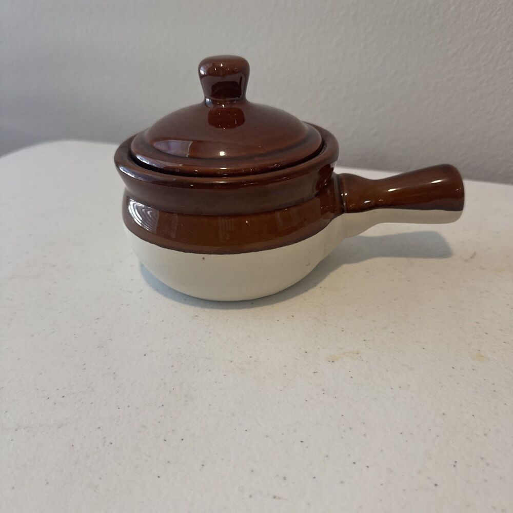 Individual Covered Casserole Dish Pottery Crock with Handle 3 Tone Brown Vintage